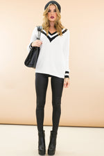 Talia V-Neck Varsity Sweater - White - Haute & Rebellious