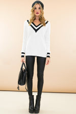 Talia V-Neck Varsity Sweater - White - Haute & Rebellious