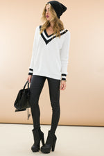 Talia V-Neck Varsity Sweater - White - Haute & Rebellious