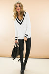 Talia V-Neck Varsity Sweater - White - Haute & Rebellious