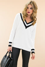 Talia V-Neck Varsity Sweater - White - Haute & Rebellious