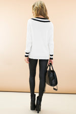Talia V-Neck Varsity Sweater - White - Haute & Rebellious
