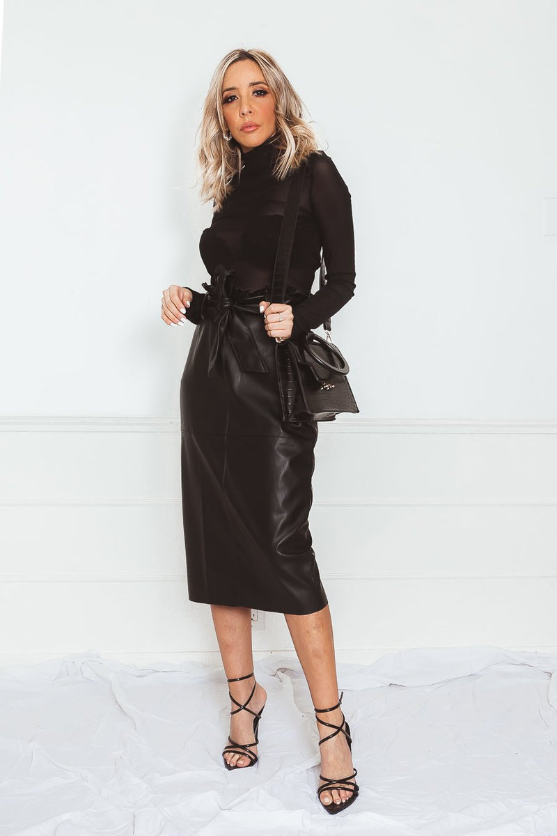 Leather Midi Skirt with Waist-Tie in black