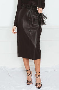 Leather Midi Skirt with Waist-Tie in black