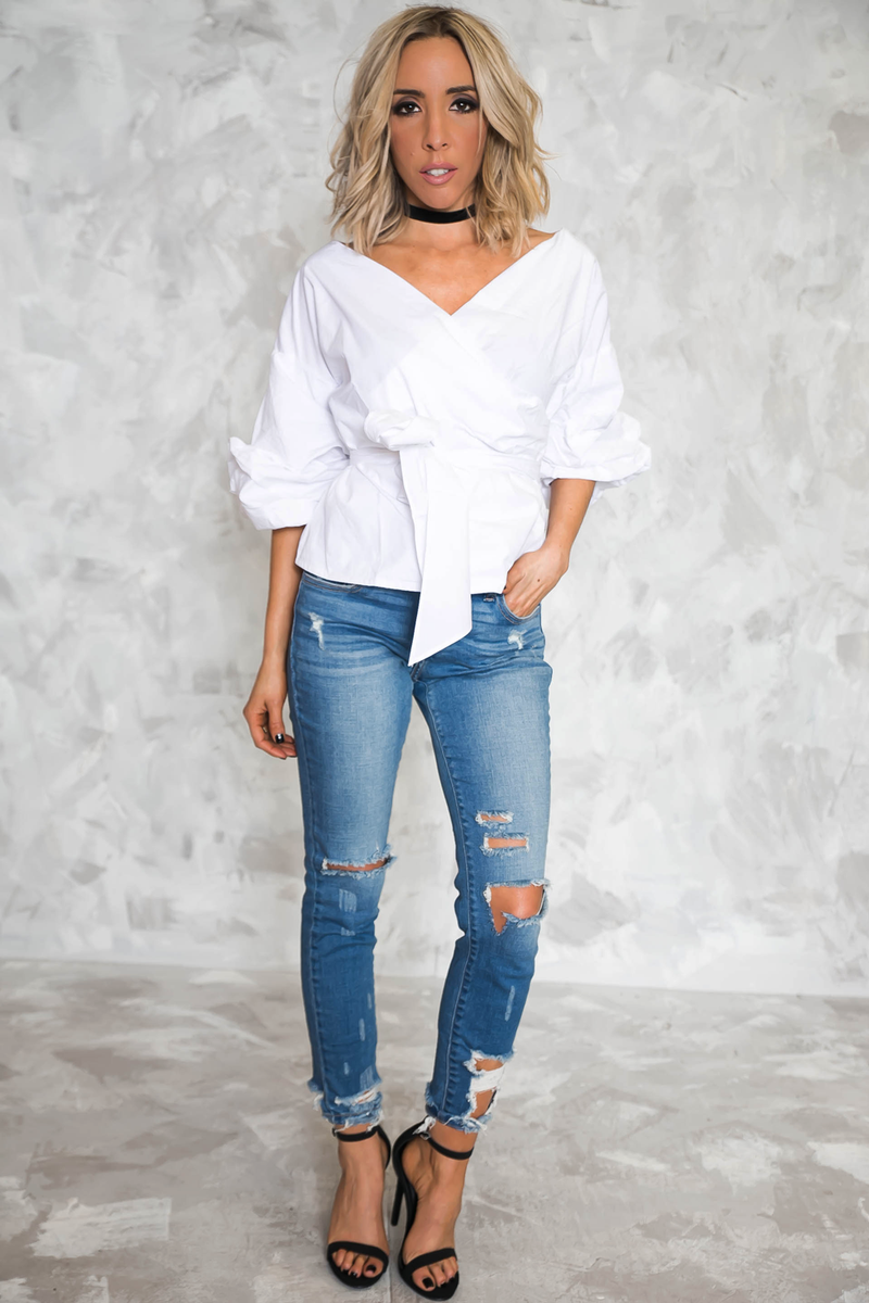 Call Me Ruched Sleeve Top - White - Haute & Rebellious