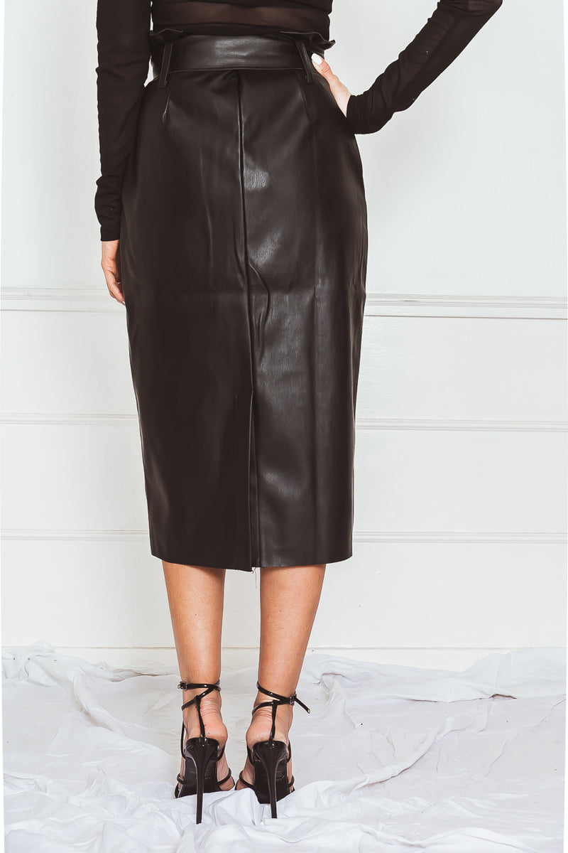 Leather Midi Skirt with Waist-Tie in black