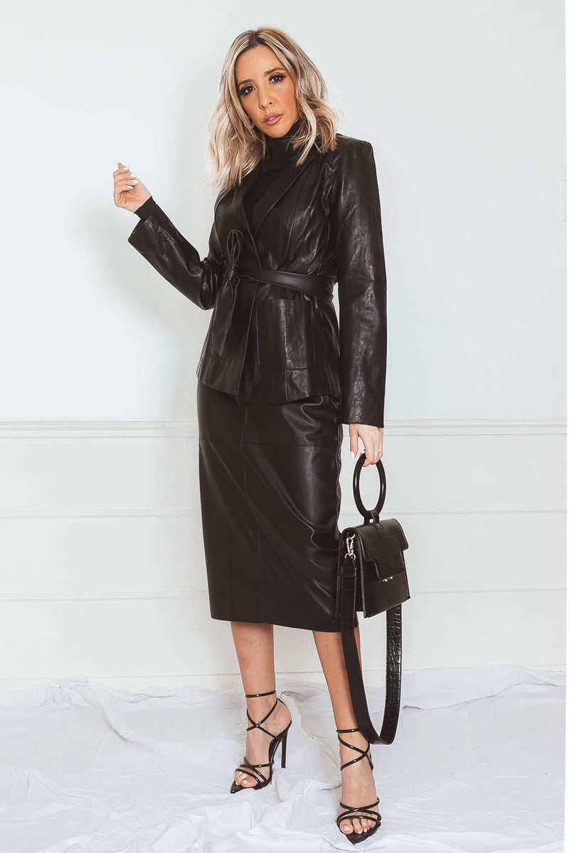 Leather Midi Skirt with Waist-Tie in black