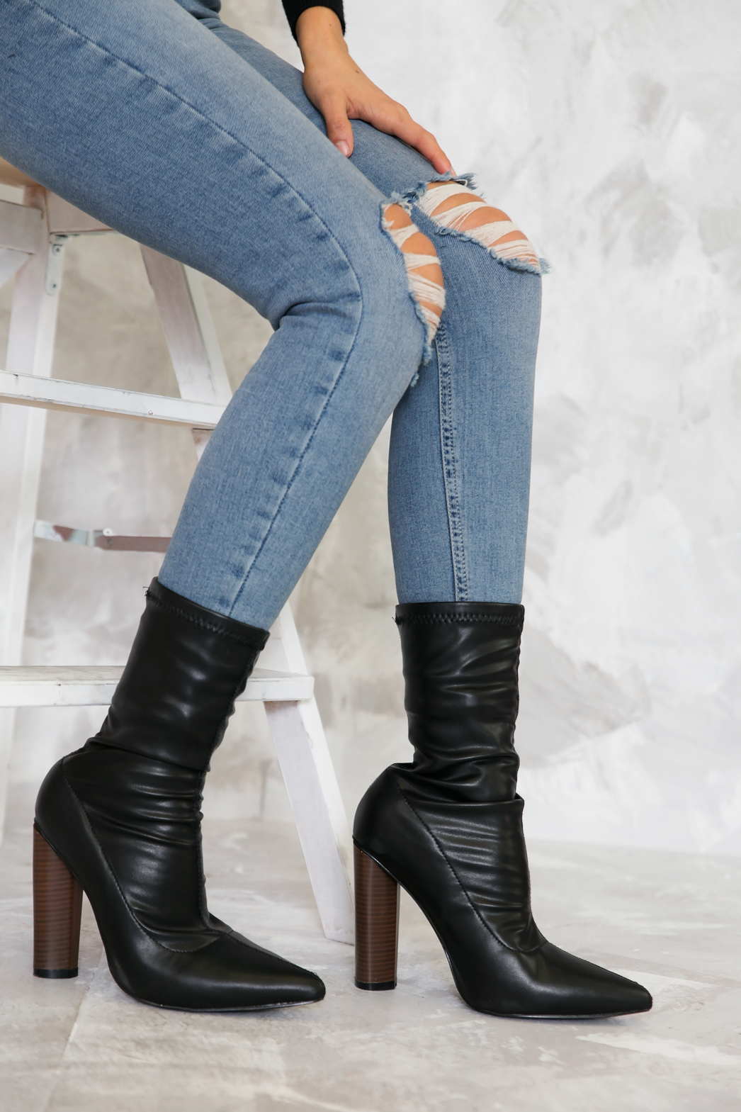 Leather Pointy Sock Boots - Black