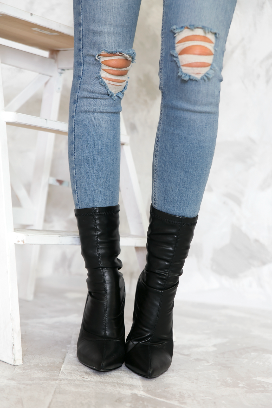 Leather Pointy Sock Boots - Black