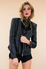 Asymmetrical Zip Leather Motorcycle Jacket - Haute & Rebellious
