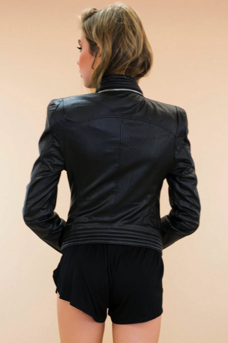 Asymmetrical Zip Leather Motorcycle Jacket - Haute & Rebellious