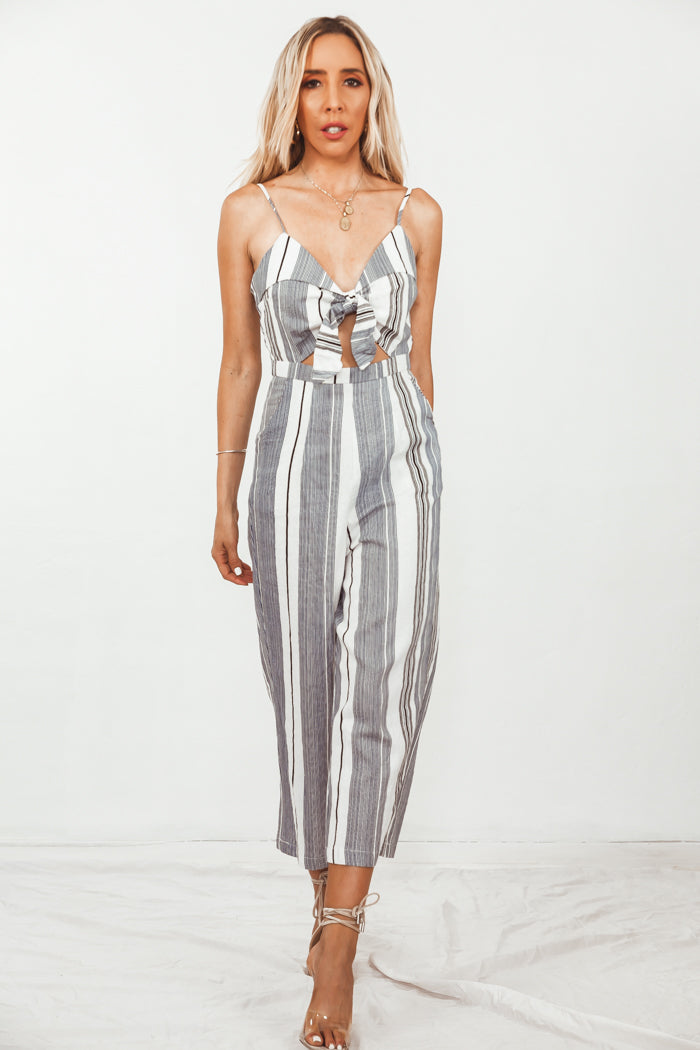 Striped Crop Jumpsuit with Tie Detail