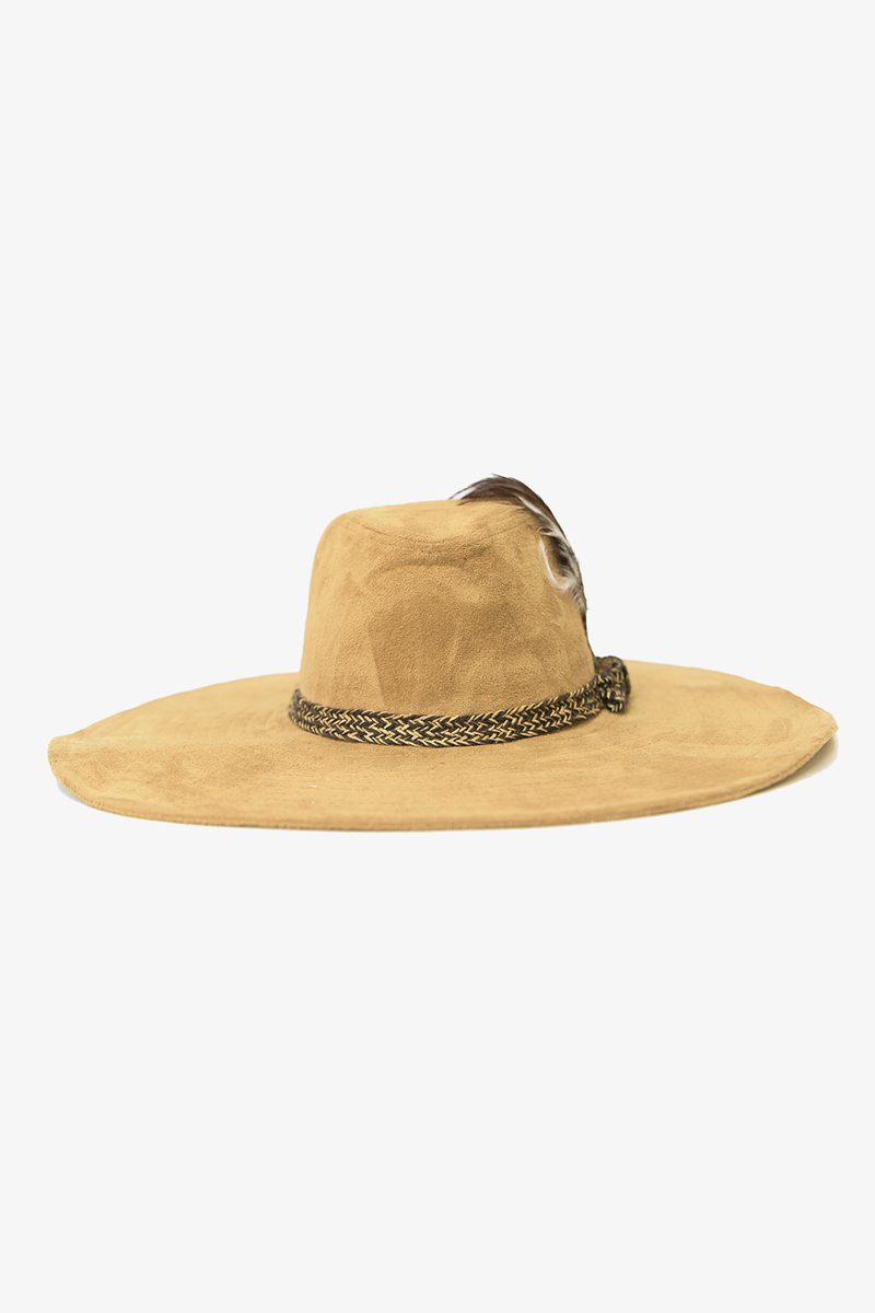 Large Floppy Feather Detail Hat - Camel