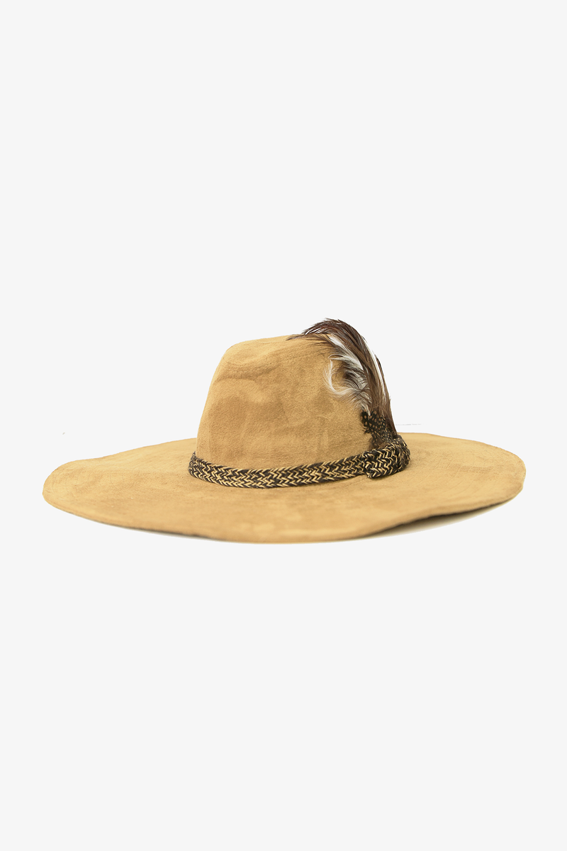 Large Floppy Feather Detail Hat - Camel