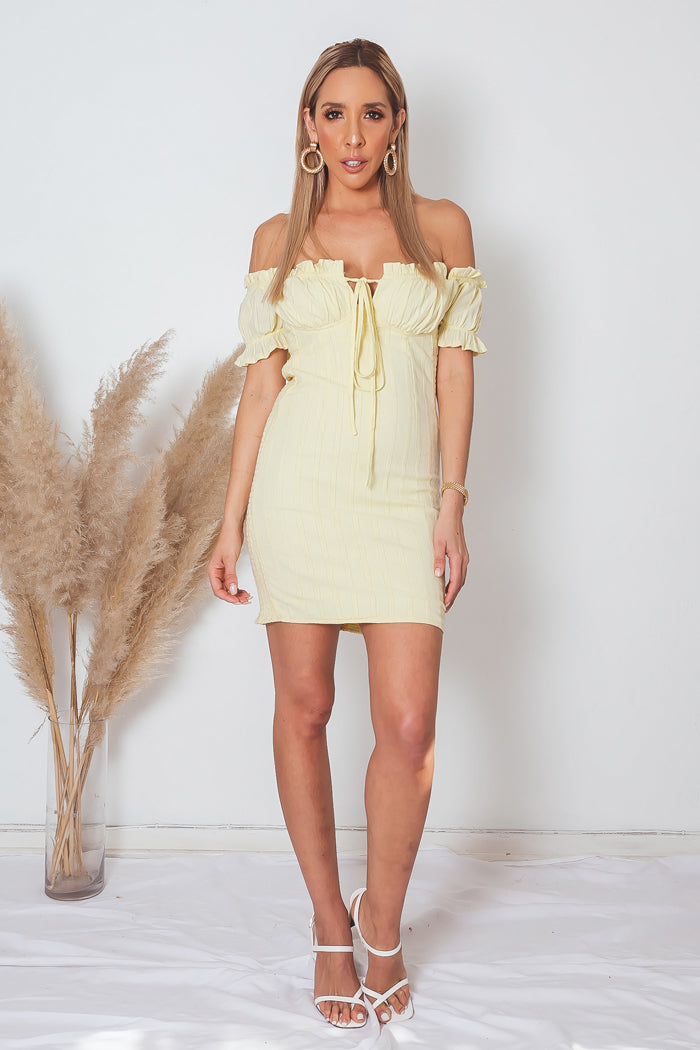 Off-Shoulder Ruched Mini Dress - Yellow