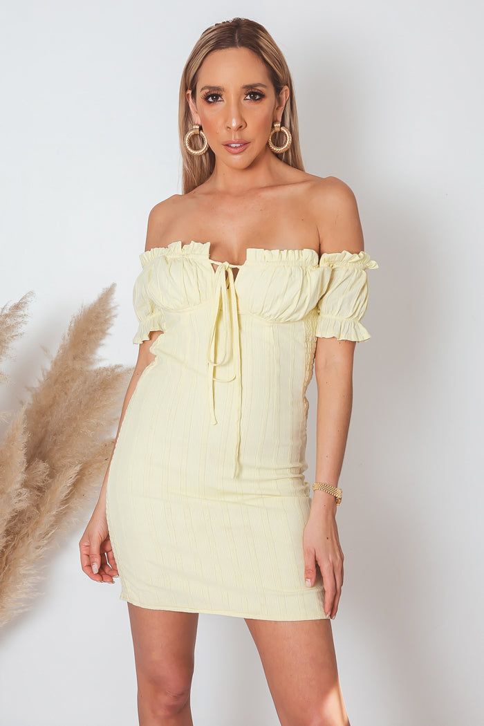 Off-Shoulder Ruched Mini Dress - Yellow