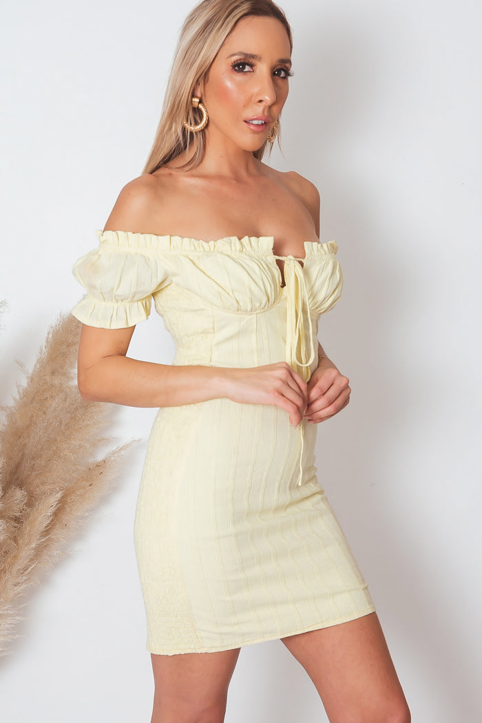 Off-Shoulder Ruched Mini Dress - Yellow L / Yellow / 04609 Off-Shoulder Ruched Mini Dress - Yellow L / Yellow / 04609