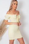 Off-Shoulder Ruched Mini Dress - Yellow