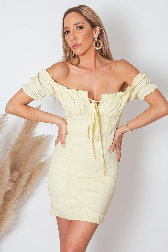off the shoulder yellow mini dress Puff Sleeve Satin Mini Dress - Off Shoulder Ruffle Party Dress - Yellow or Pink