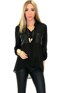 LEATHER POCKET CHIFFON BLOUSE - Black - Haute & Rebellious