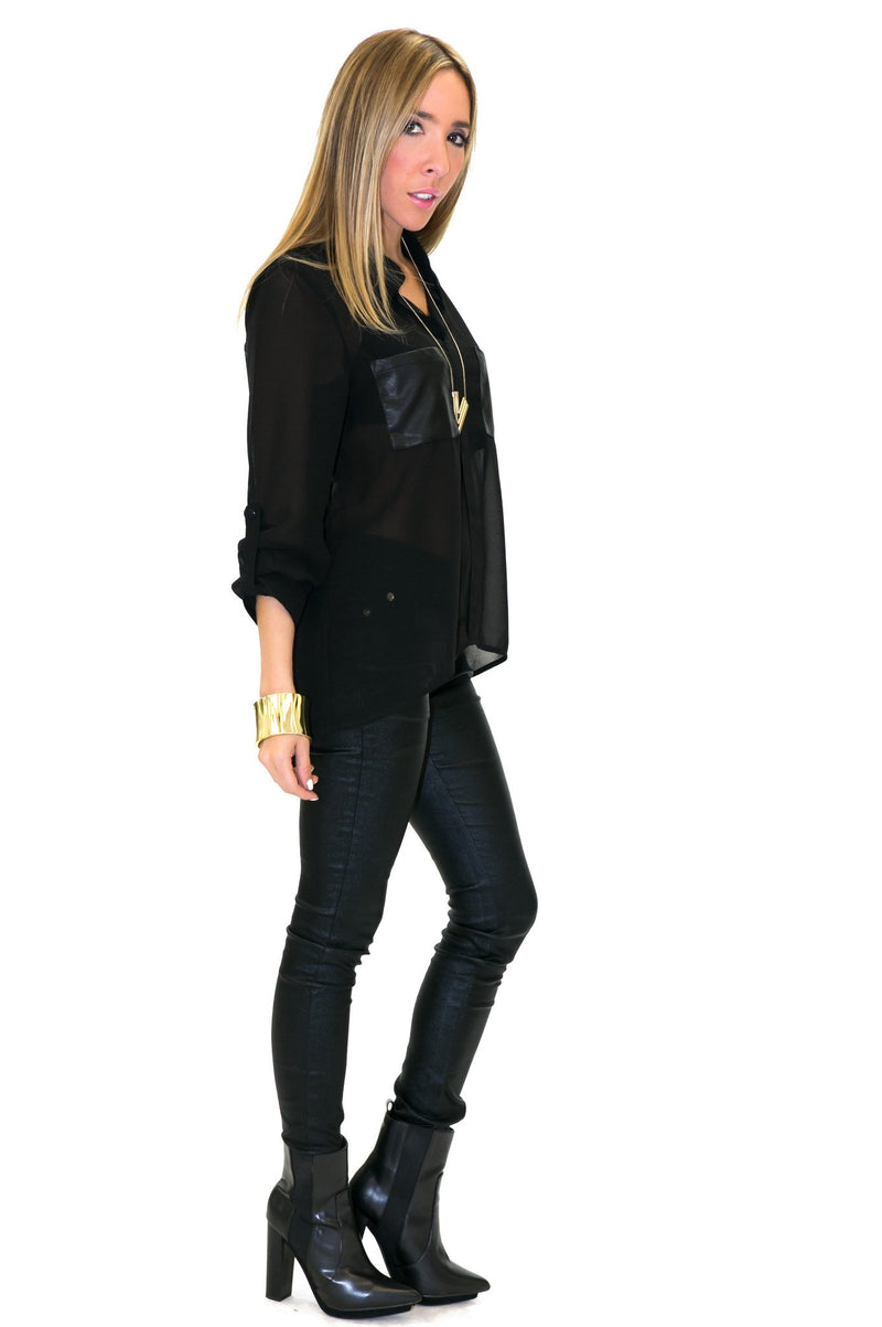 LEATHER POCKET CHIFFON BLOUSE - Black - Haute & Rebellious