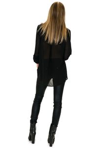 LEATHER POCKET CHIFFON BLOUSE - Black - Haute & Rebellious