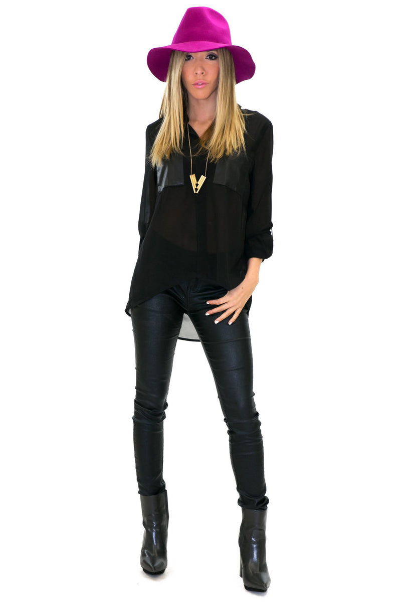 LEATHER POCKET CHIFFON BLOUSE - Black - Haute & Rebellious