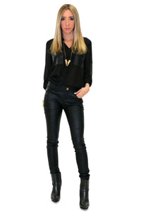 LEATHER POCKET CHIFFON BLOUSE - Black - Haute & Rebellious