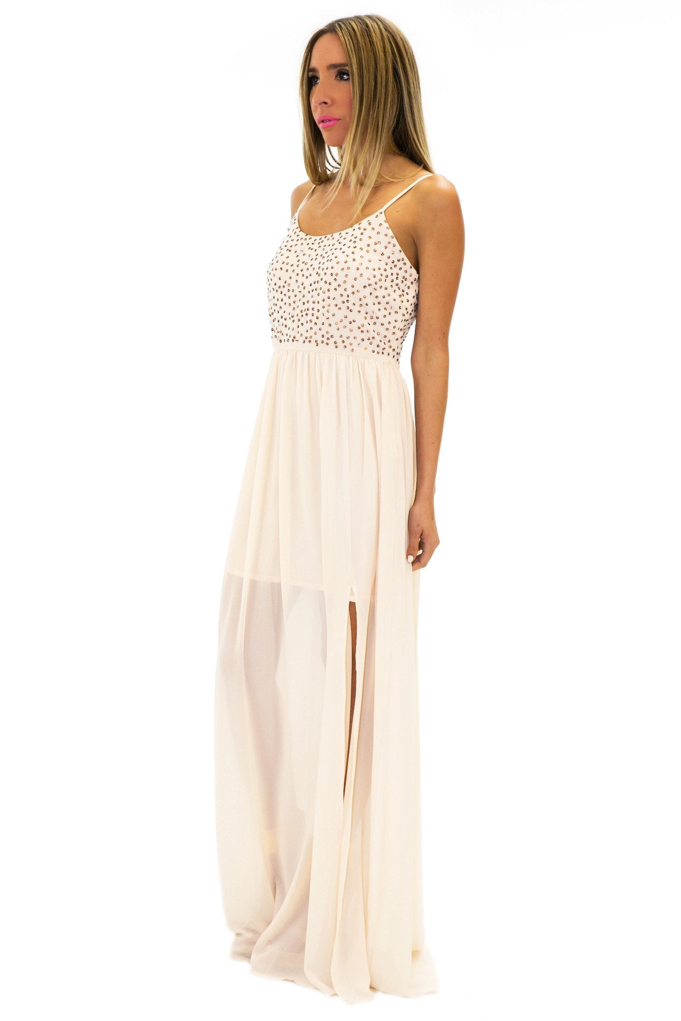 cream beaded evening dress Luxury Nude Beaded A Line Evening Dress Ruffle Tiered Skirt LA73368 Nude / 2