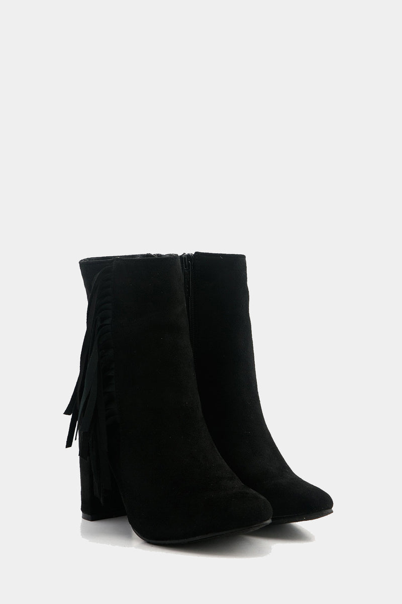 Suede Fringe Ankle Boot - Black