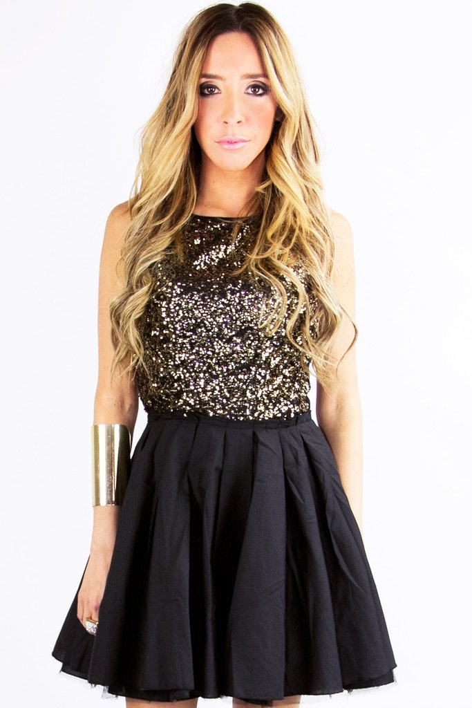 GOLD SEQUIN FULL A LINED SKIRT DRESS - Black/Gold S / Black / 0490 GOLD SEQUIN FULL A LINED SKIRT DRESS - Black/Gold S / Black / 0490