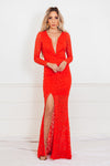 Long Sleeve Lace Maxi Dress - Red