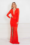Long Sleeve Lace Maxi Dress - Red
