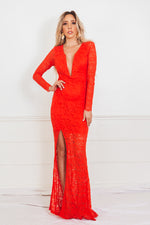 Long Sleeve Lace Maxi Dress - Red