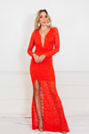 Long Sleeve Lace Maxi Dress - Red