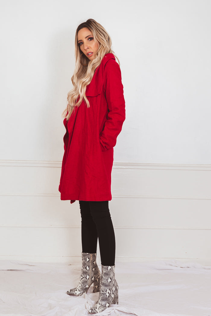 Draped Collar Coat - Red