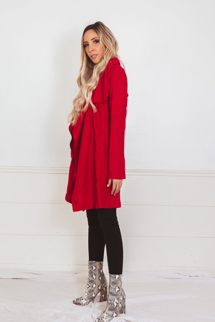 Draped Collar Coat - Red