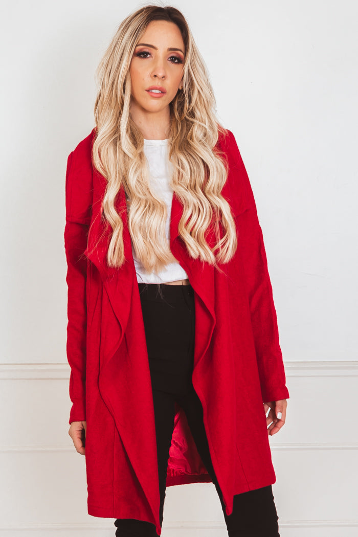 Draped Collar Coat - Red