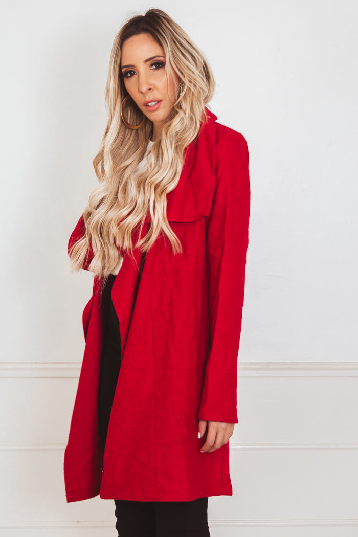 Draped Collar Coat - Red