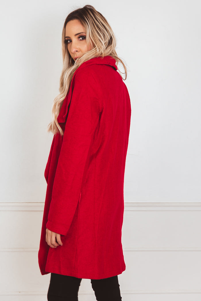 Draped Collar Coat - Red