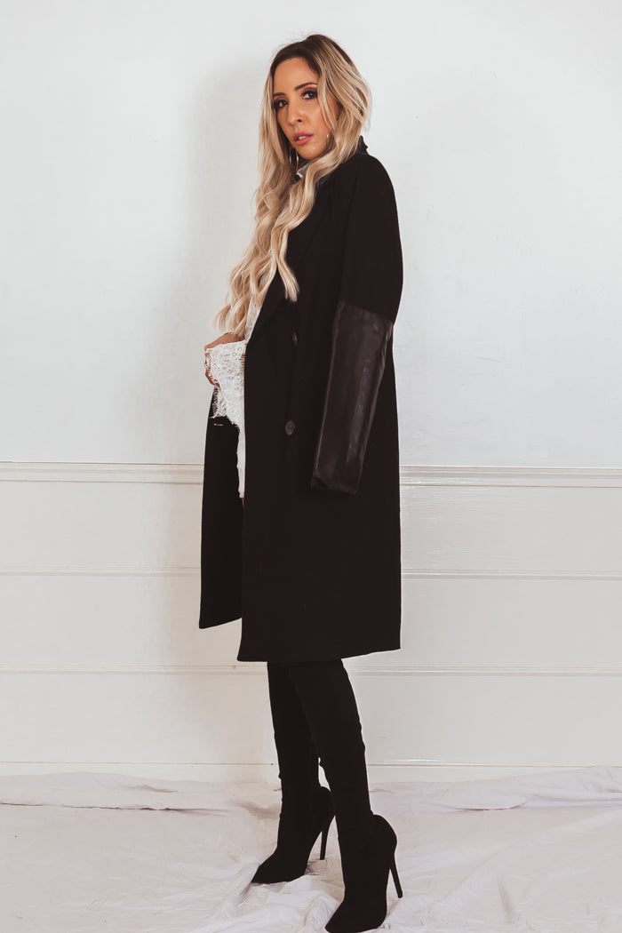 Leather sleeve wool coat hot sale