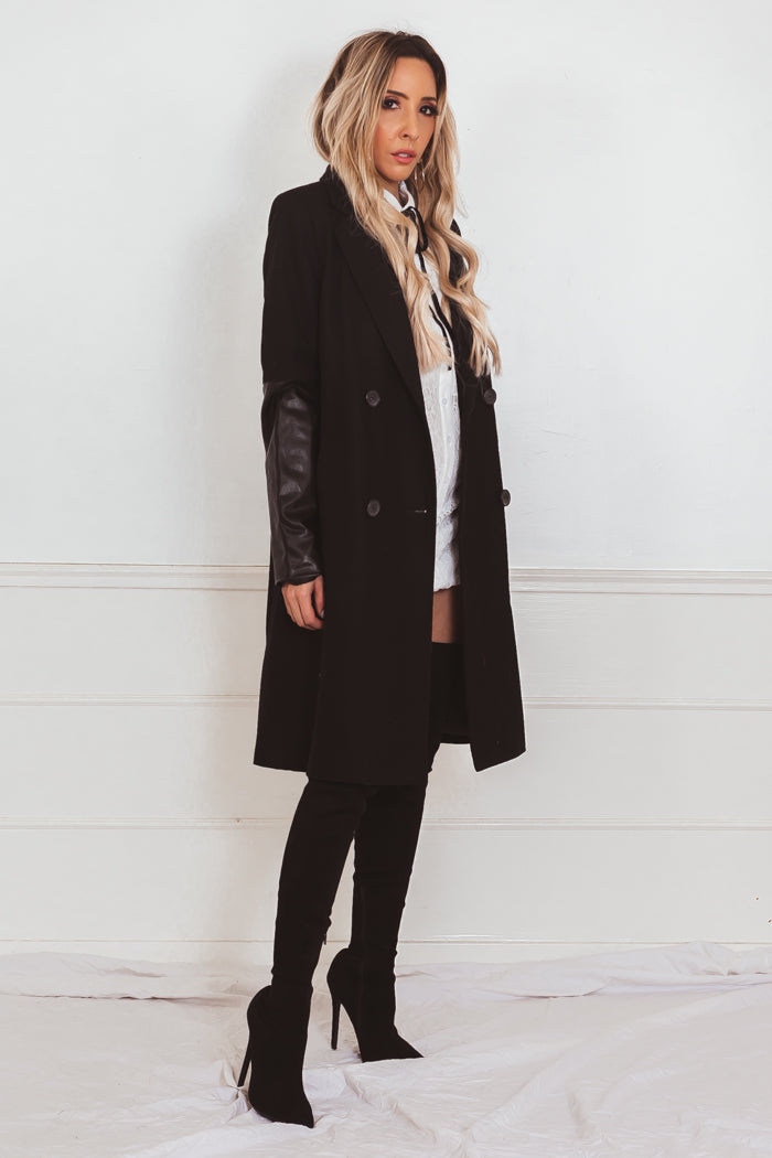 Wool Coat with Leather Sleeve