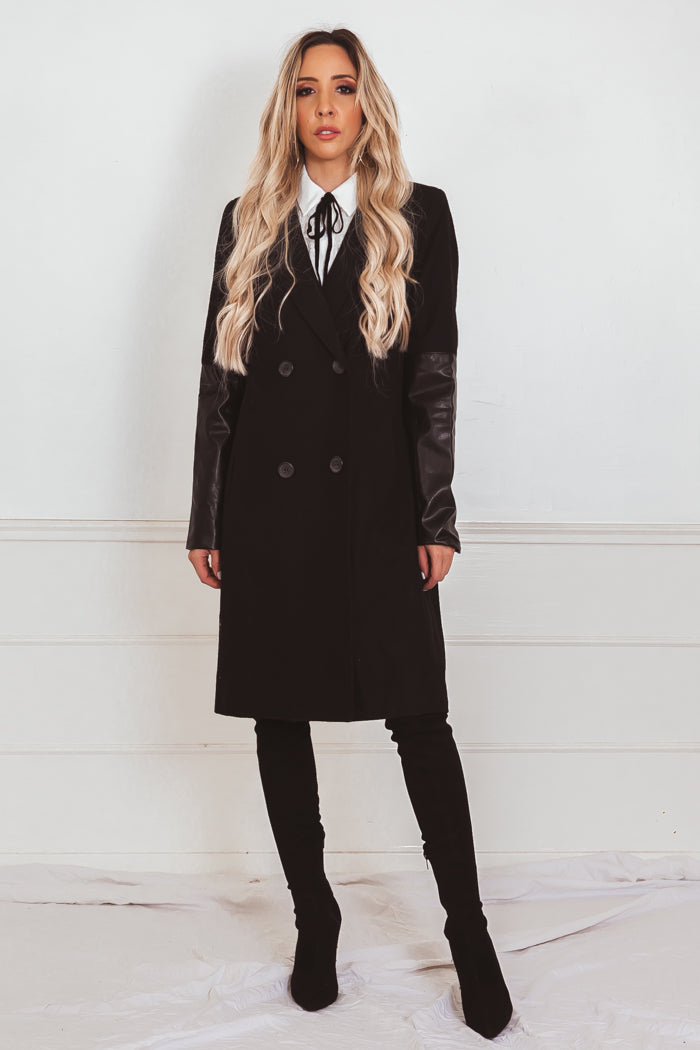 Wool Coat with Leather Sleeve Haute Rebellious