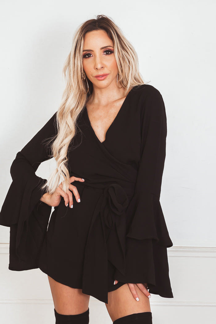 Deep-V Bell-Sleeve Romper - Black