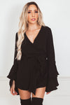 Deep-V Bell-Sleeve Romper - Black