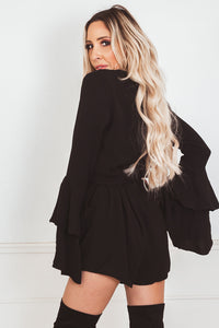 Deep-V Bell-Sleeve Romper - Black