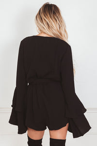 Deep-V Bell-Sleeve Romper - Black