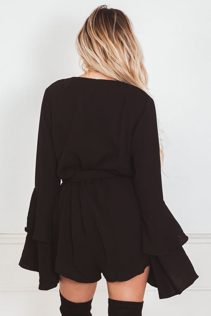 Deep-V Bell-Sleeve Romper - Black