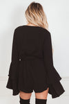 Deep-V Bell-Sleeve Romper - Black