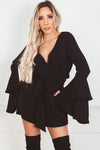 Deep-V Bell-Sleeve Romper - Black